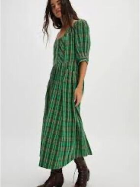 Free People Green Plaid Maxi Dress with Puff Sleeves